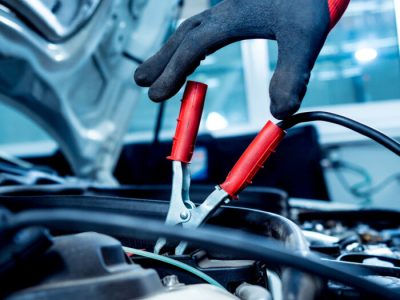 Battery recharging in the service station. Auto repair service