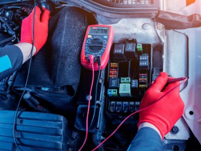 Auto mechanic uses a voltmeter to check the voltage level. Car repair. Service station.